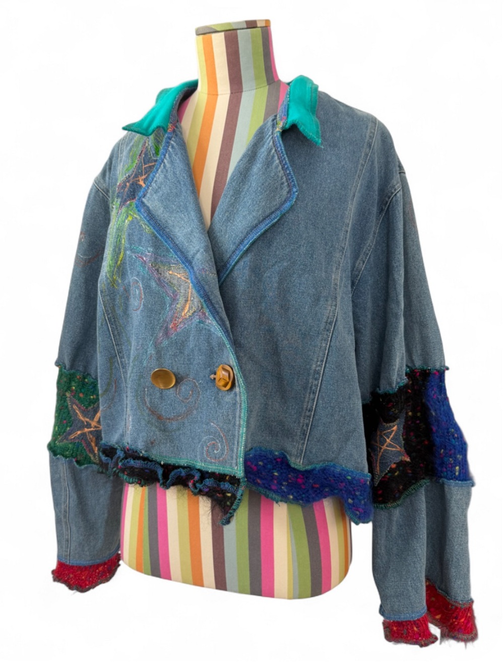Handmade OOAK Upcycled Funky Mixed Media Denim Jean Jacket Double Breasted Knit